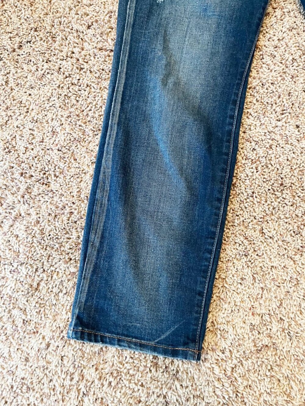 FP Free People Denim Overalls Size 31 Distressed Stretch Blue Jeans Broken Strap - Picture 10 of 12